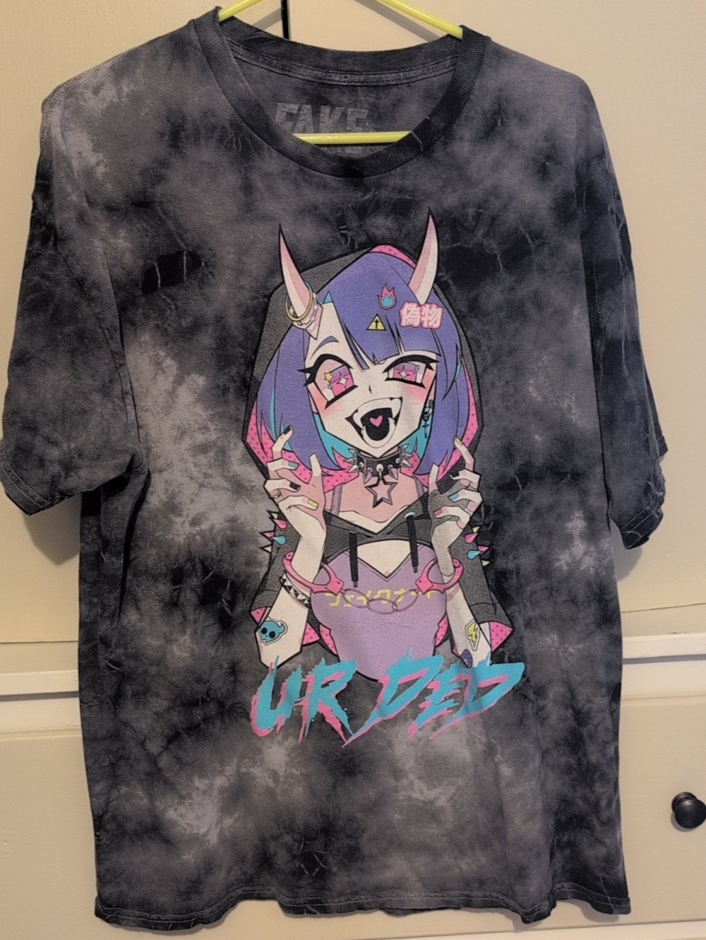 Black Tie-Dye Woman's Tee with Neon Anime Graphic